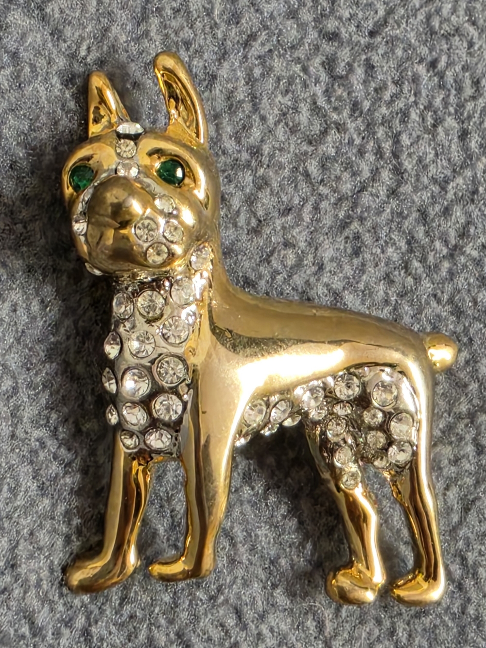Gold Tone Boston Terrier Dog Brooch Green Eyes Clear Rhinestone Pin New